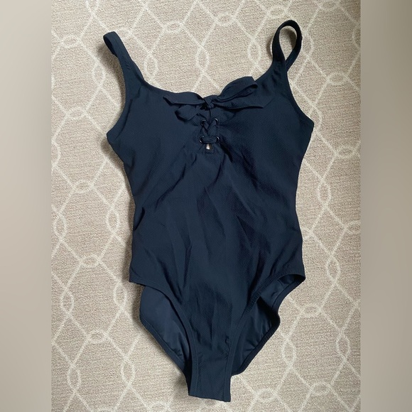 J Crew pique lace-up one piece swimsuit, true black - Picture 2 of 7